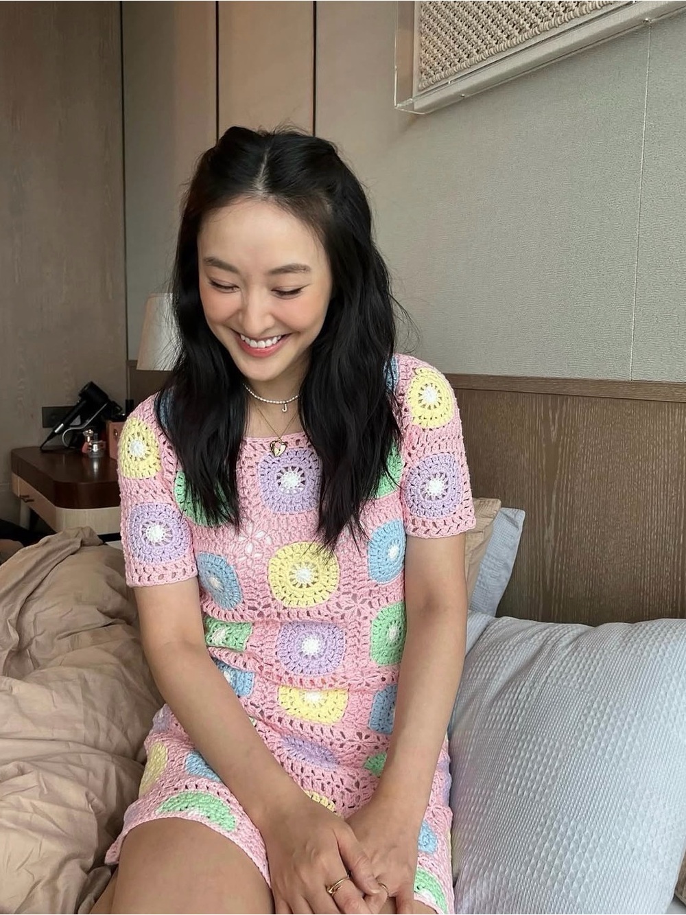 OLIVIA RUBIN Crochet Sunburst Dress in Pink with Pastel Accents